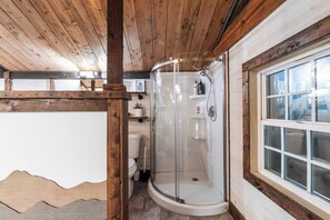 Shower, hair dryer, towels, shampoo - Orange Door Barn Apt on the Farm (Asheville)