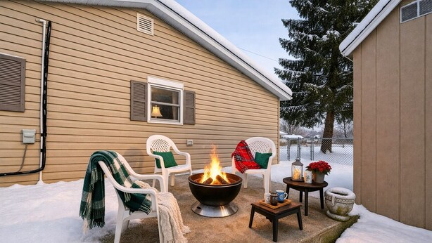 A cozy outdoor seating area with a fire pit, two chairs, and a small table.