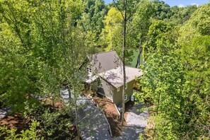 A small, single-story house surrounded by dense green trees and a body of water. - Mcdonald Lakeside Cottage (Sevierville)