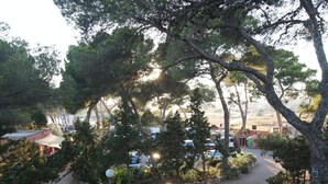 A parking area with cars, surrounded by trees and greenery. - Camping Laplaya Ibiza (Santa Eulalia del Rio)
