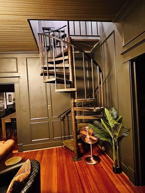 A modern interior with a spiral staircase, wooden flooring, and a potted plant.