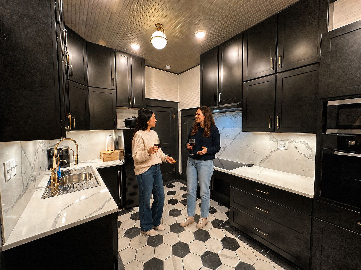 A modern kitchen with dark cabinets, a marble countertop, and a black and white tiled floor.
