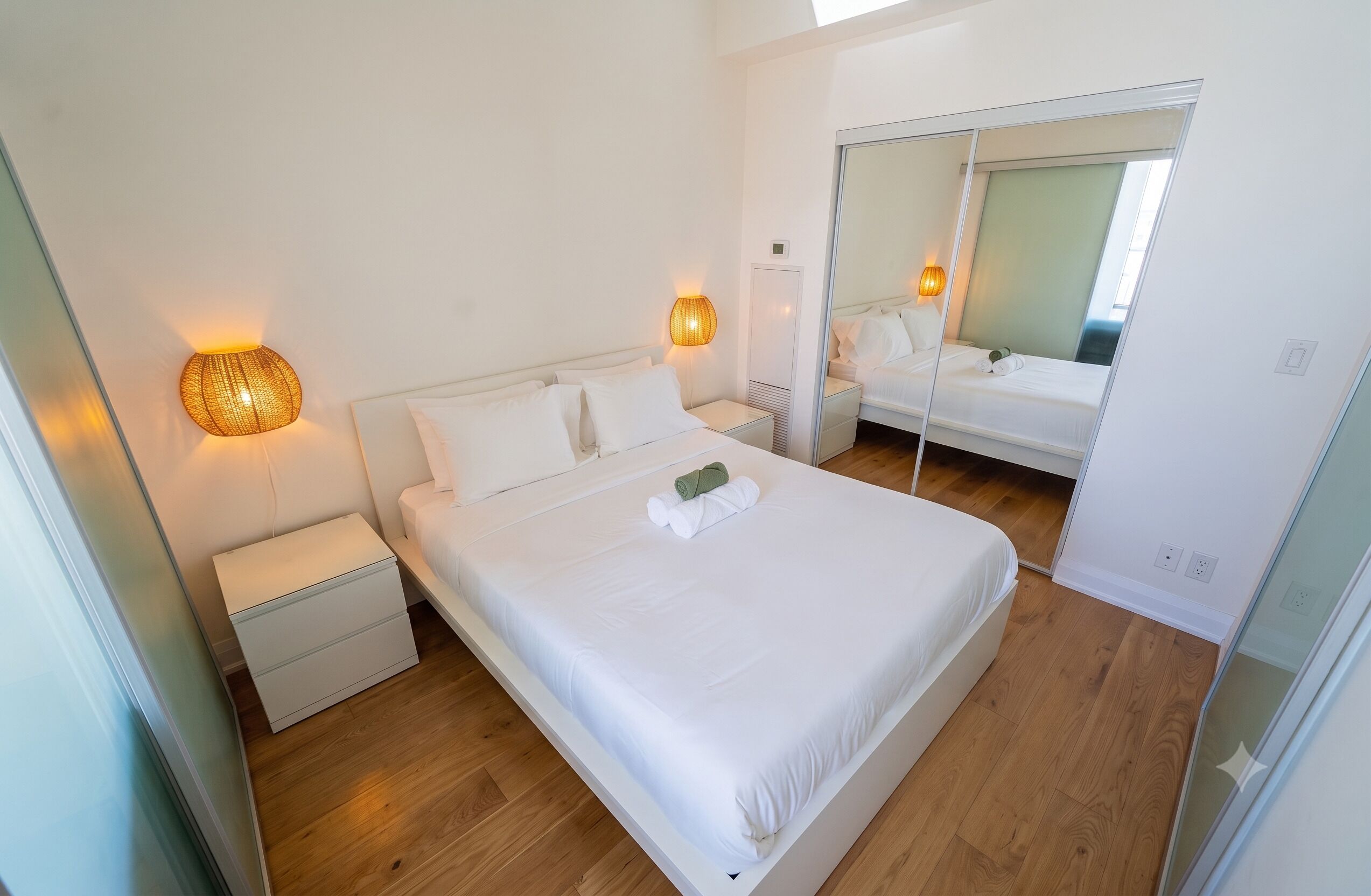 Une chambre d’hôtel avec un lit simple, des tables de chevet, un miroir et des lampes fixées au mur.