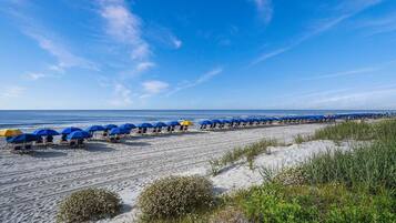 Ein Strand mit Reihen von Liegestühlen und Sonnenschirmen, feiner Sand und ein klarer, blauer Himmel.