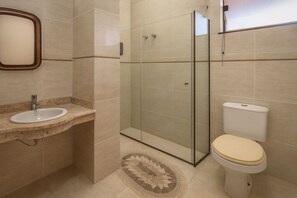 Shower, hair dryer, bidet, towels