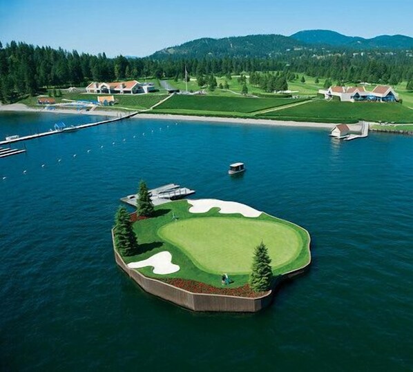 A golf course island with a water body, surrounded by a forested area and houses. - Dt 01906 (Coeur d'Alene)