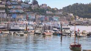A harbor with various boats docked, a waterfront view, and colorful buildings in the background. - 3 Keepers Cottage, Hillfield Village (Dartmouth)