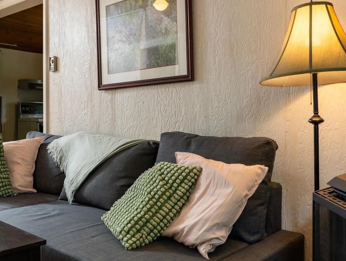 Un salon confortable avec un canapé, des coussins, un tableau encadré et une lampe sur pied.