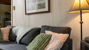 Un salon confortable avec un canapé, des coussins, un tableau encadré et une lampe sur pied.