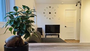 A living room with a potted plant, a clock, and a television.