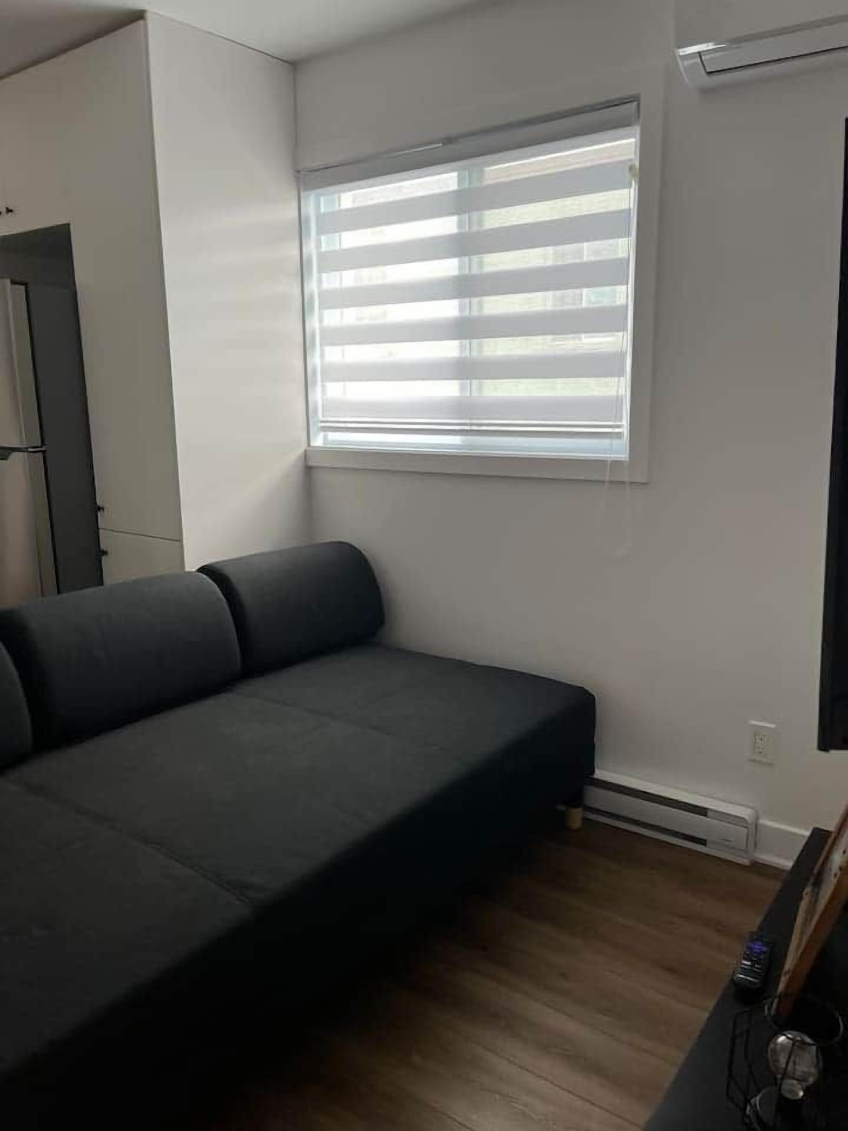 Una habitación pequeña y moderna con un sofá gris individual, una ventana con persianas, un radiador y una puerta.