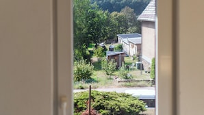 Vista per una finestra amb una decoració en forma de cor, un vas blanc amb flors, i un paisatge de trees i edificis.