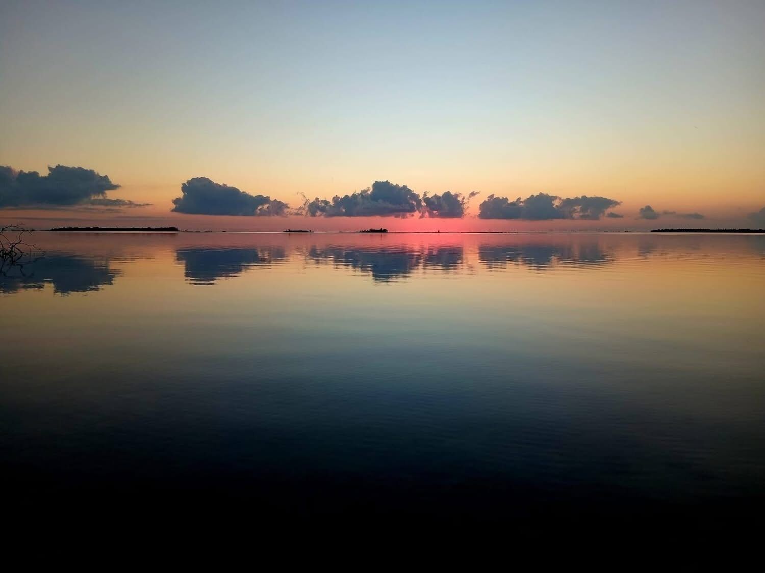 Rustig water dat de lucht weerspiegelt, met een landmassa en bomen in de verte.