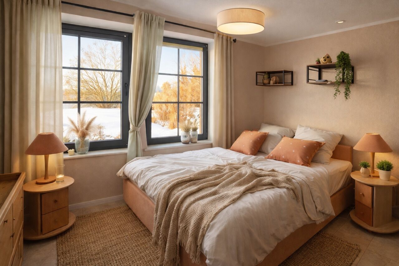 Quarto com cama grande, duas mesas de cabeceira, janela com cortinas e prateleira na parede com plantas.