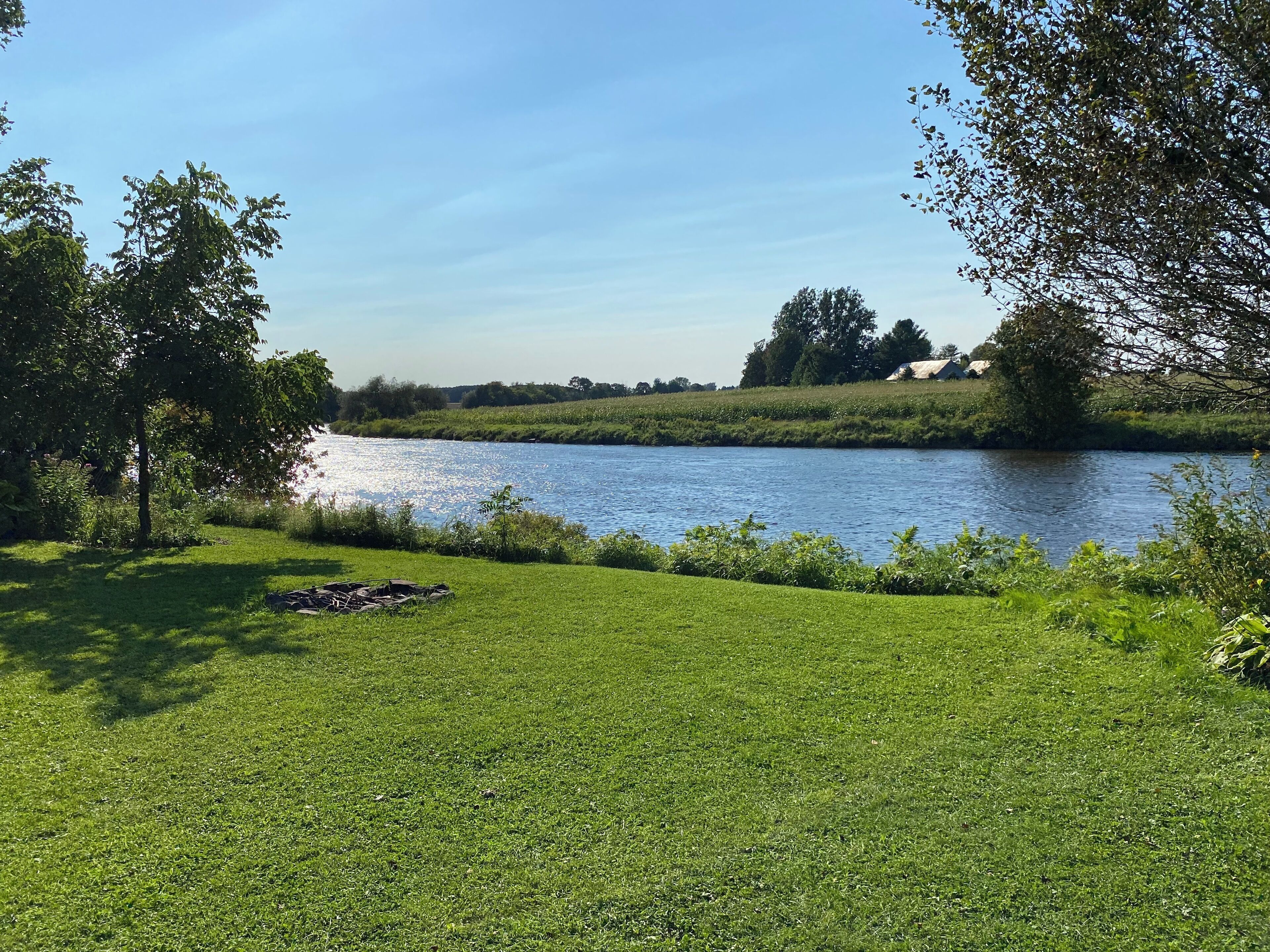 A grassy area with a river, trees, and a clear sky.