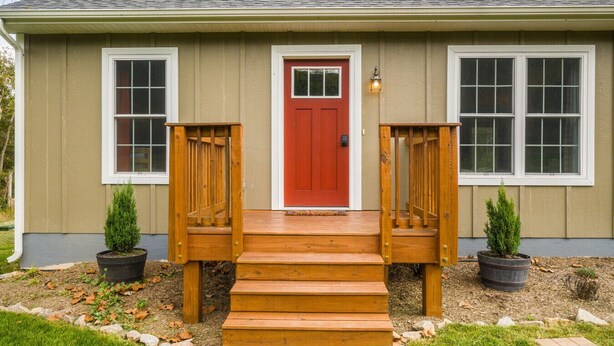 A house with a red door, two windows on either side, and a wooden front porch with steps leading to the door. - RiverandRidge: 3 Min to River, Hot Tub & Fire Pit (Luray)