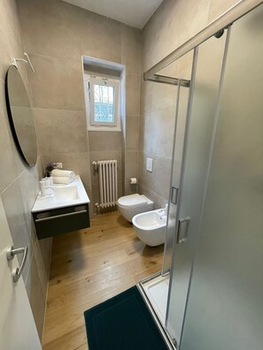 Regadera, secadora de cabello, bidet, toallas 