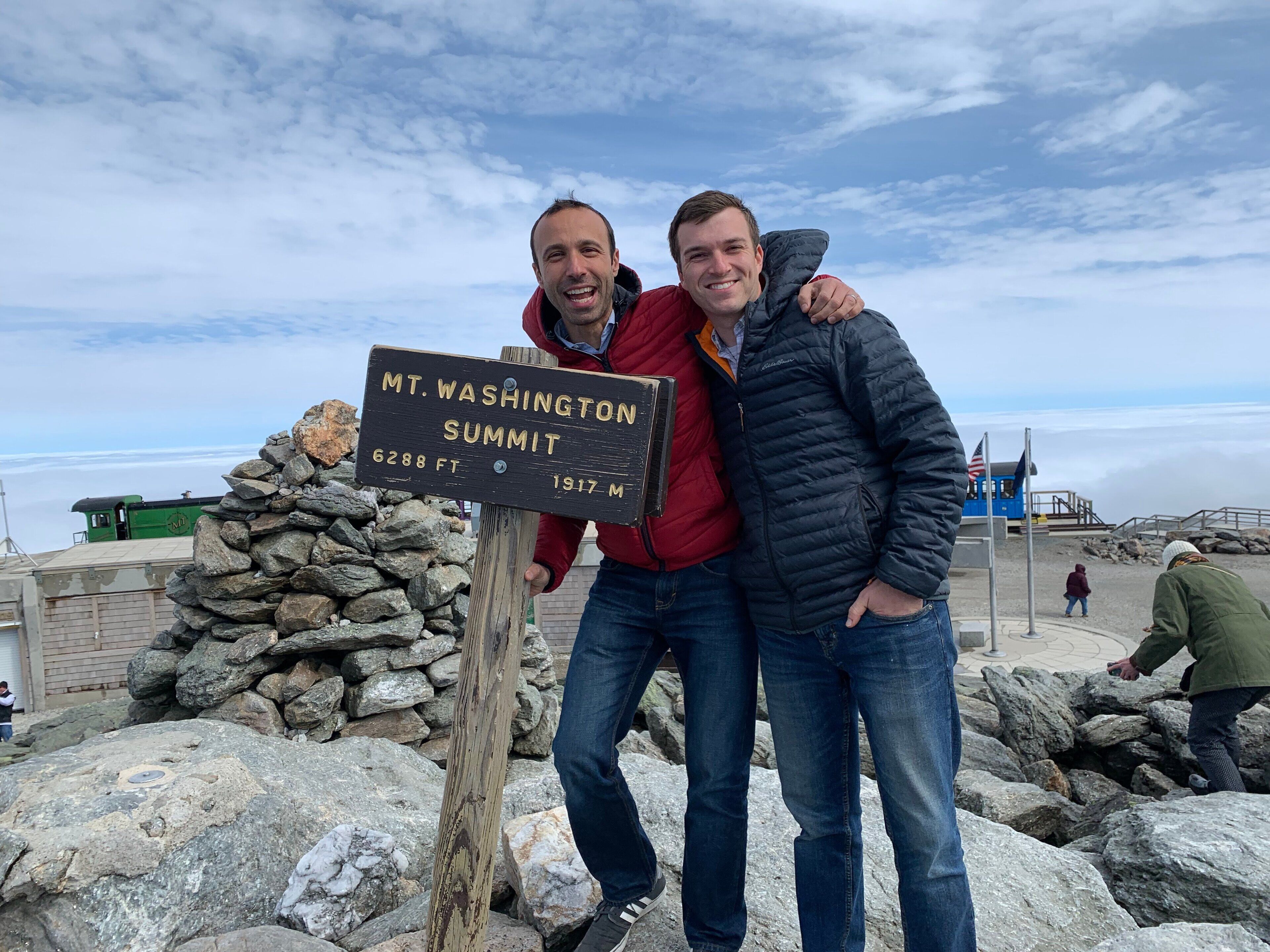 Two people standing next to a sign that reads 'MT. WASHINGTON SUMMIT 6288 FT 1917 M'.