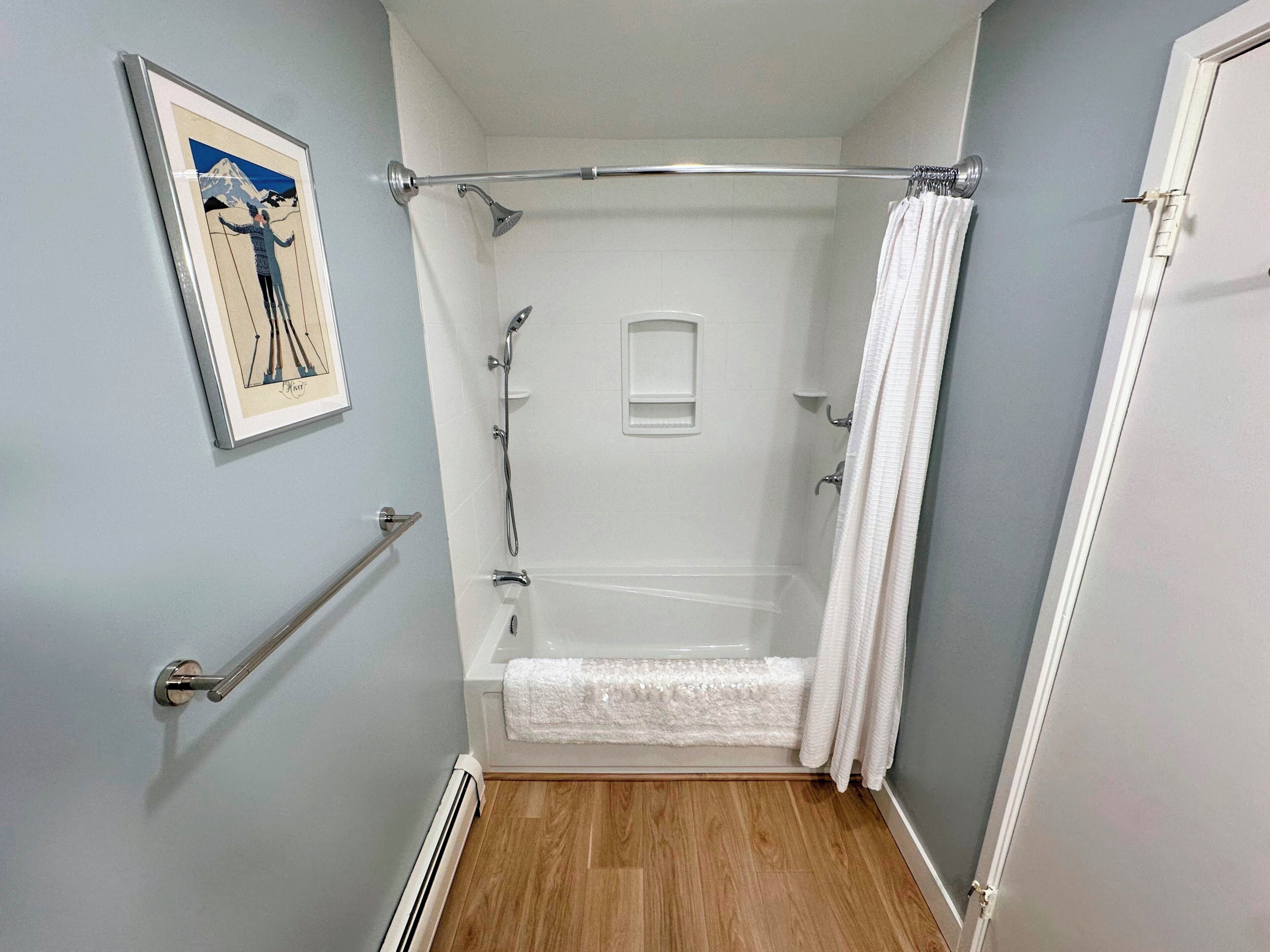 Een badkamer met een douche, een handdoekhouder, een ingelijste foto en een deur.