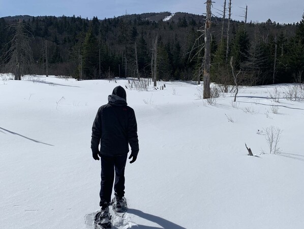 A person snowshoeing in a snowy landscape with trees and a hill in the background.