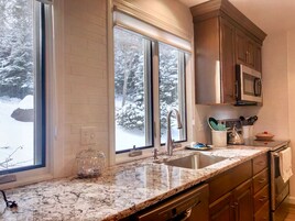 Una cocina con encimera de granito, electrodomésticos de acero inoxidable y ventana con vistas a árboles cubiertos de nieve.