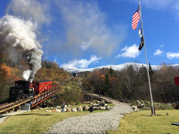 Un train à vapeur transportant des passagers circule sur une voie ferrée, entouré d’un feuillage automnal et avec une montagne enneigée en arrière-plan.