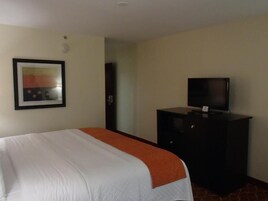 Quarto de hotel com uma cama, uma televisão em um móvel e um quadro na parede.