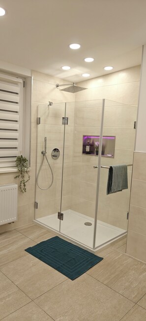 Shower, hair dryer, towels, toilet paper