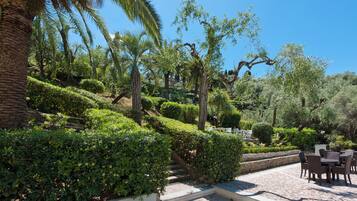 A landscaped outdoor area with a patio and seating.