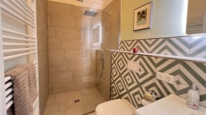 Ducha, secador de pelo, toallas y jabón