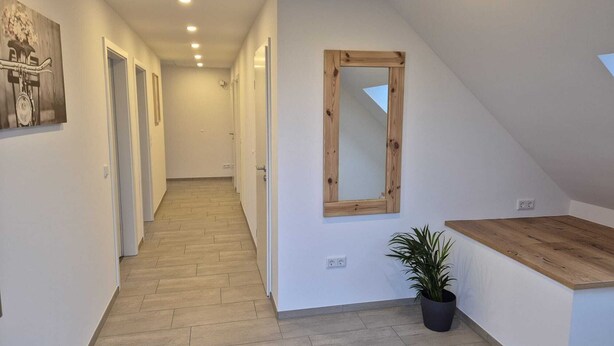 Un estrecho pasillo con suelo de madera, un espejo con marco de madera y una planta en maceta.
