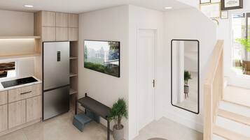 Fridge, stovetop, dishwasher, cookware/dishes/utensils