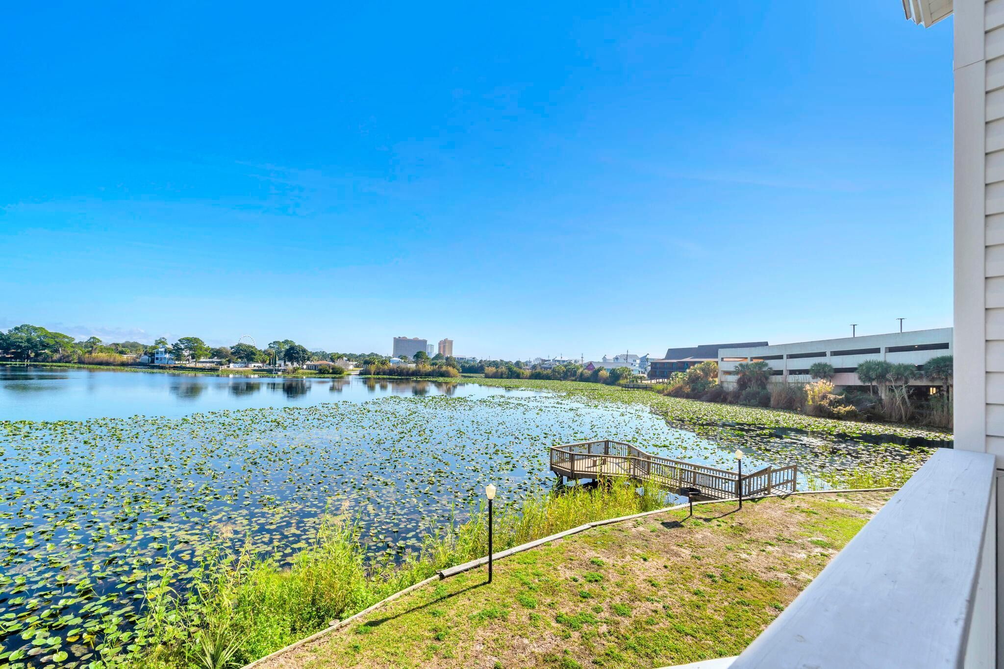 A lakeside view with a wooden dock and a bench, surrounded by greenery and buildings in the background.