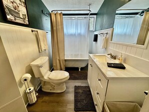 Hair dryer, towels, soap, shampoo