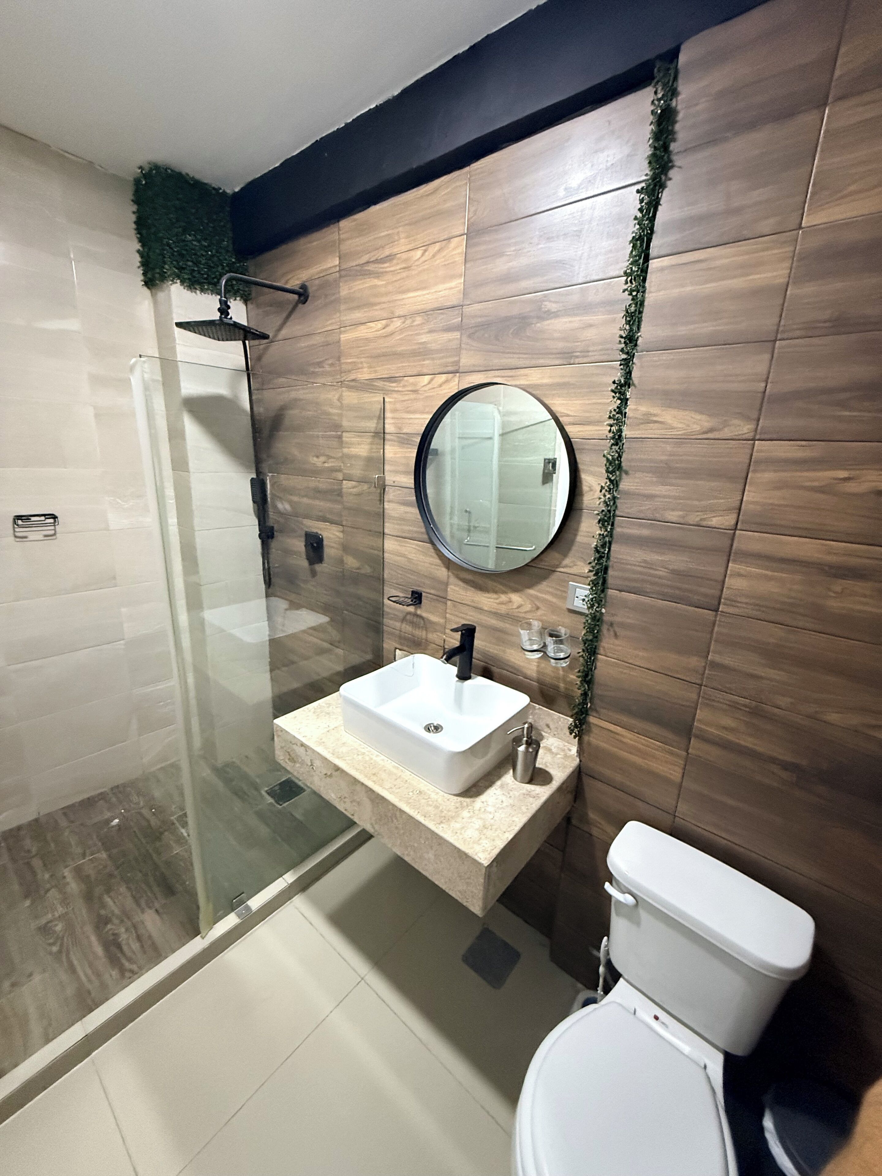 Shower, towels, toilet paper