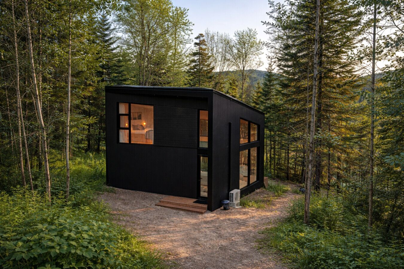 A modern, black cabin with large windows, surrounded by dense forest.