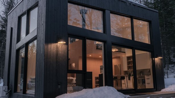 Una cabaña moderna con ventanas amplias, una zona de cocina a la vista y una terraza de madera.