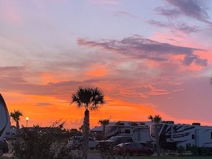 A sunset over a campground with RVs and palm trees. - Full Hookups, 3 Pools,Back-In RV Lot,Pet Friendly-OWA, Foley Sports, Gulf Shores (Foley)