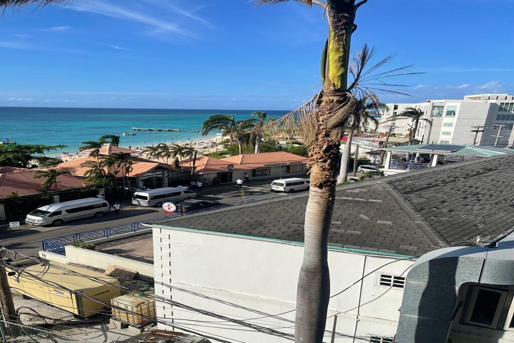 A view of a coastal area with a beach, palm trees, and a road with vehicles.