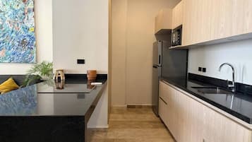 Fridge, oven, stovetop, cookware/dishes/utensils