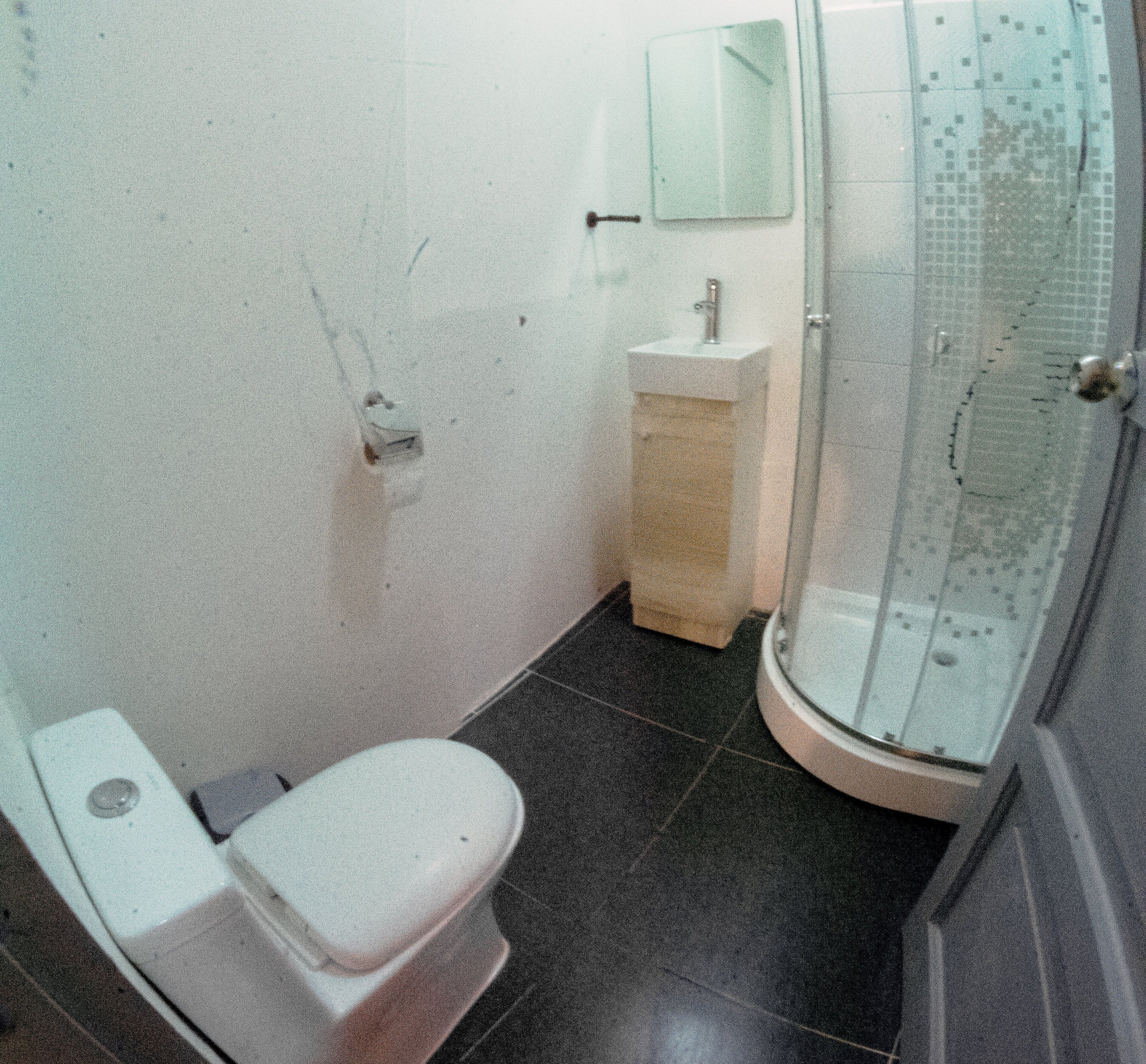 A small bathroom with a toilet, sink, and glass shower enclosure.