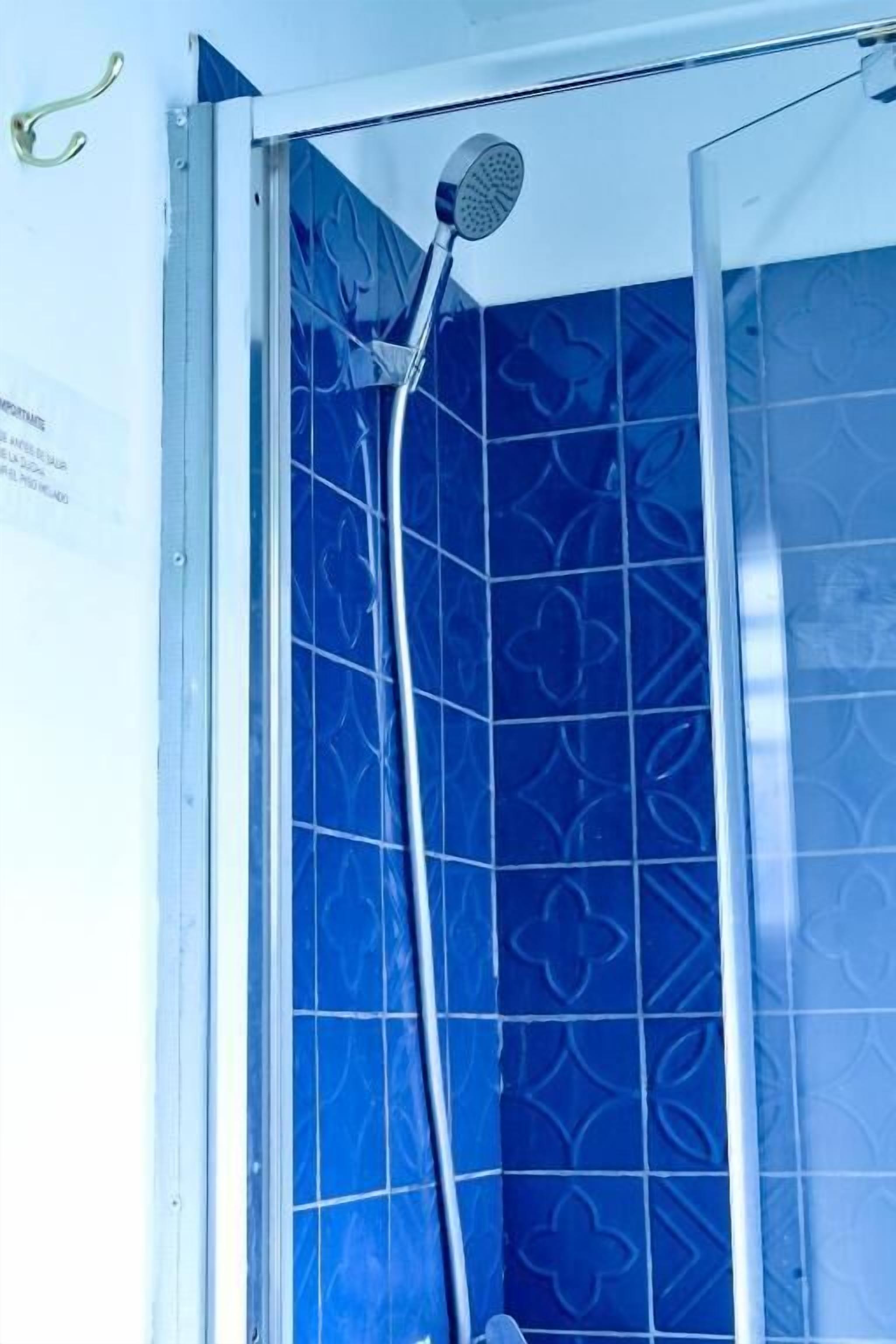A shower with a handheld showerhead and a vertical rain showerhead, set against a blue tiled wall with a floral pattern.