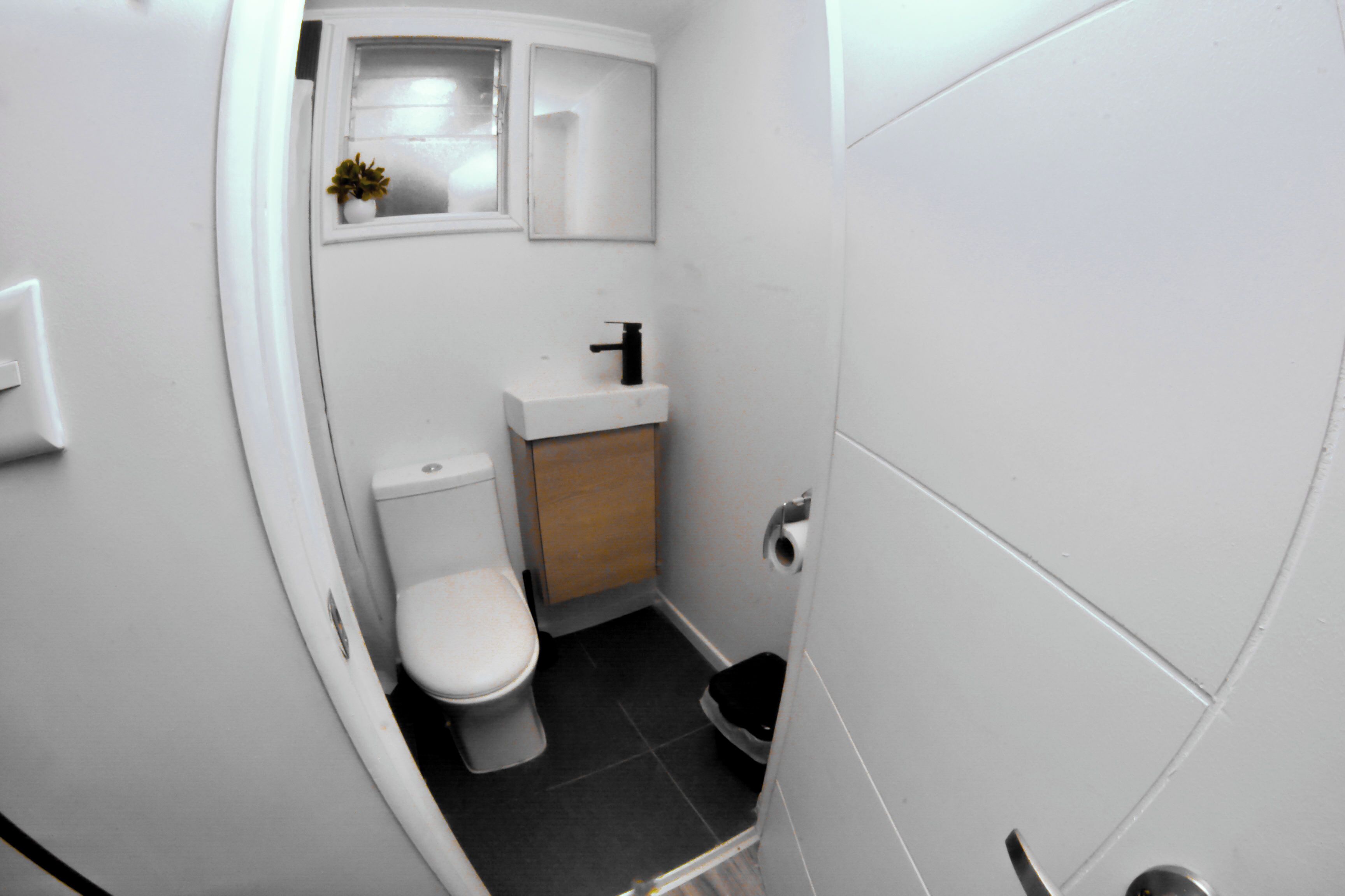 Un baño pequeño con inodoro, lavabo y una ventana con una planta.