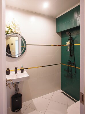 Secadora de cabello, toallas, jabón, papel de baño 