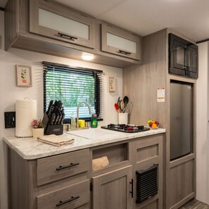 Fridge, microwave, oven, stovetop
