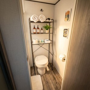 Secador de cabelo, toalhas de banho, sabonete, shampoo