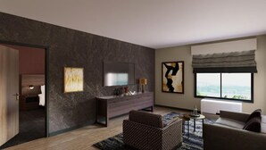Un salon moderne avec un mur texturé de couleur sombre, un téléviseur à écran plat, une console en bois, un canapé en osier et une grande fenêtre offrant une belle vue.