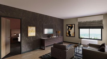 Una sala moderna con una pared oscura y texturizada, un televisor de pantalla plana, una consola de madera, un sofá de mimbre y un ventanal con vistas.