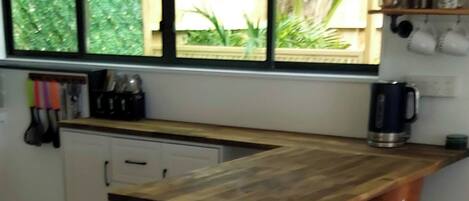 Fridge, microwave, stovetop, electric kettle