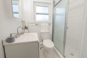 Hair dryer, bidet, towels, soap